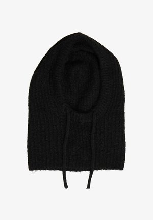 Black knitted beanie with a ribbed texture, elongated shape, and drawstrings; soft material creates a cozy appearance.