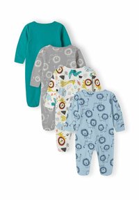 Štiri bodi za dojenčke z dolgimi rokavi: teal, sivo z risbo leva, belo z barvnimi vzorci in svetlo modro z ilustracijami leva. Iz bombažnega materiala.