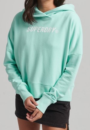 Kobieta ubrana w jasnoturkusową bluzę z kapturem marki Superdry z długimi rękawami i czarną mini spódnicę na jednolitym szarym tle.