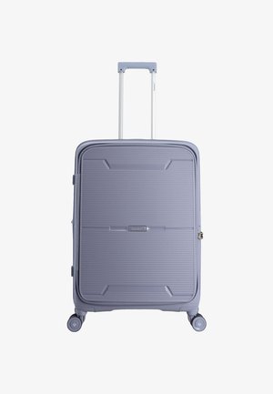 Light gray hard-shell suitcase with four spinner wheels and a telescopic handle extended, standing upright on a white background.