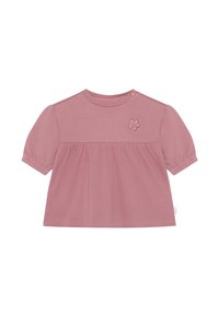 Kurzarm, pinkes Baumwolloberteil mit geripptem Material, rundem Ausschnitt und besticktem Blumenmotiv auf der Brust. Mit einer Knopfverschlus.