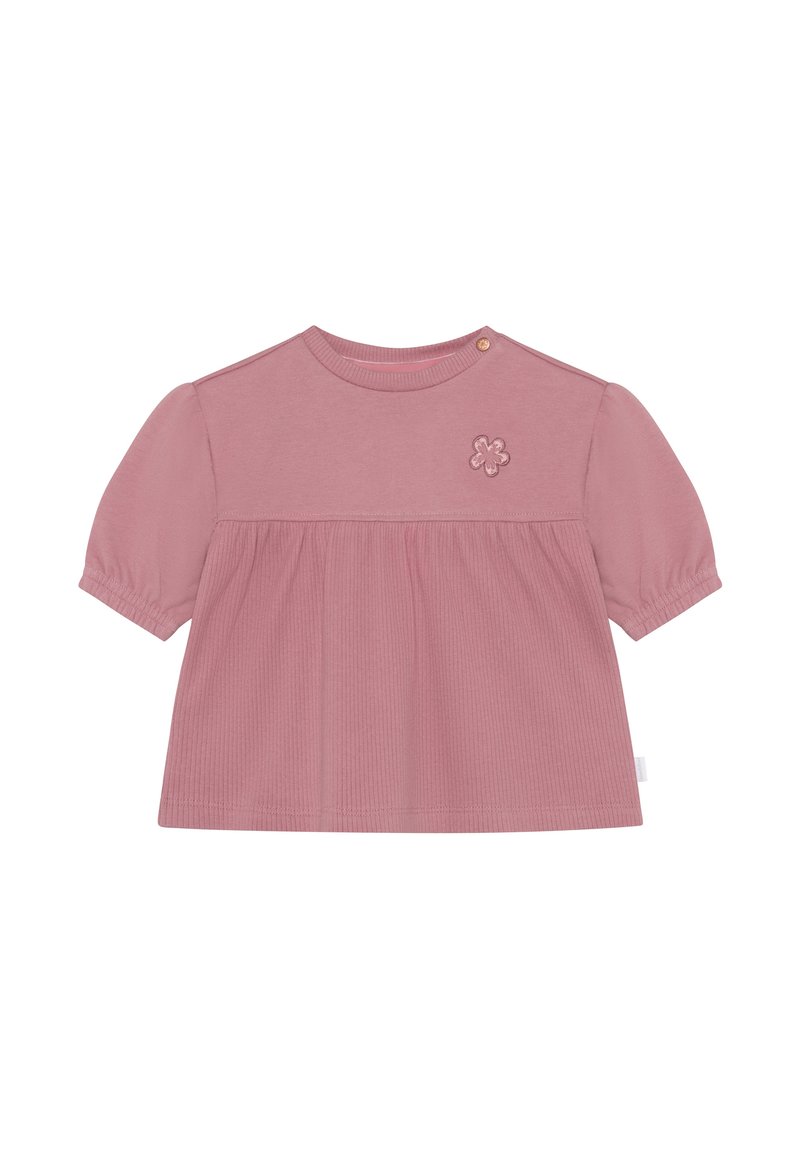 Kurzarm, pinkes Baumwolloberteil mit geripptem Material, rundem Ausschnitt und besticktem Blumenmotiv auf der Brust. Mit einer Knopfverschlus.