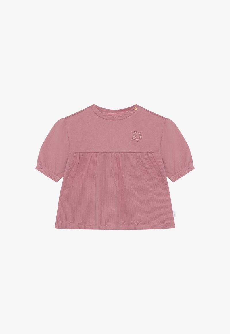 Kurzarm, pinkes Baumwolloberteil mit geripptem Material, rundem Ausschnitt und besticktem Blumenmotiv auf der Brust. Mit einer Knopfverschlus.