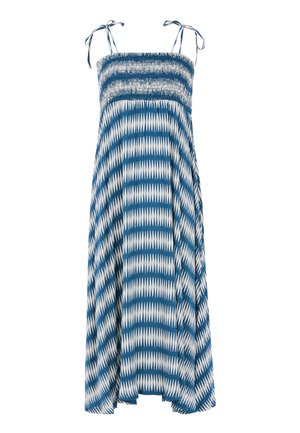 Plava i bijela haljina sa uzorkom, sa nabranim korzetom, podesivim vezicama i lepršavim siluetom, koja sadrži dijagonalne cik-cak oblike.