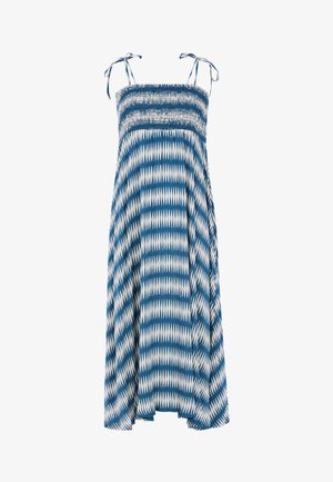 Blå og hvid mønstret kjole med en smocket bodice, justerbare bindebånd og en let silhuet, med diagonale zigzag former.