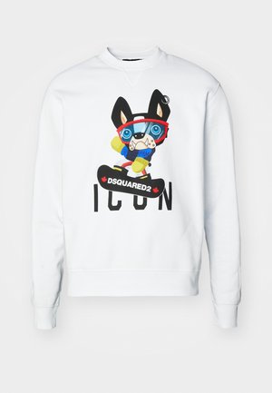 Sweat-shirt blanc avec un personnage de chien cartoon coloré en tenue de sport, arborant un grand graphique et le texte "DSQUARED2 ICON."