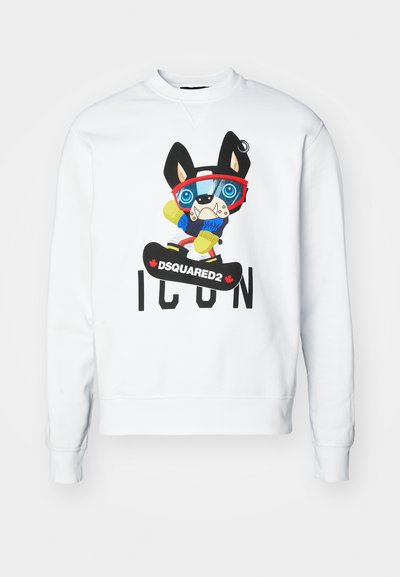 White sweatshirt featuring a colorful cartoon dog character in sports attire, with a large graphic and the text "DSQUARED2 ICON."