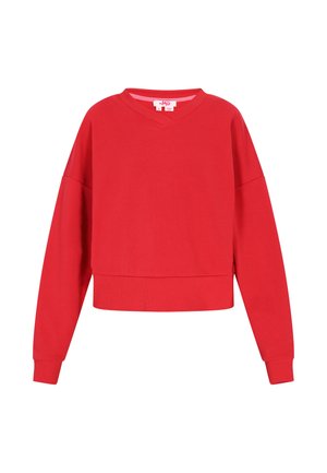 Piros pamut pulóver V-kivágással, hosszú ujakkal és rövidített szabással. A textúra fokozása érdekében bordázott ujjak és szegély.