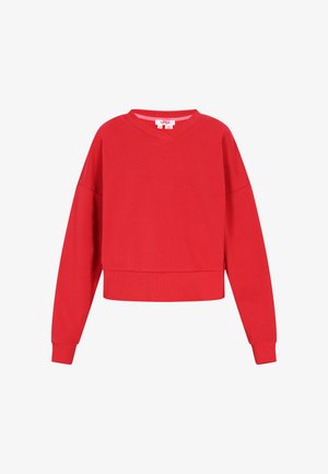 Hanorac roșu din bumbac, cu decolteu în V, mâneci lungi și croială scurtă. Are manșete și tiv ribbate pentru un plus de textură.