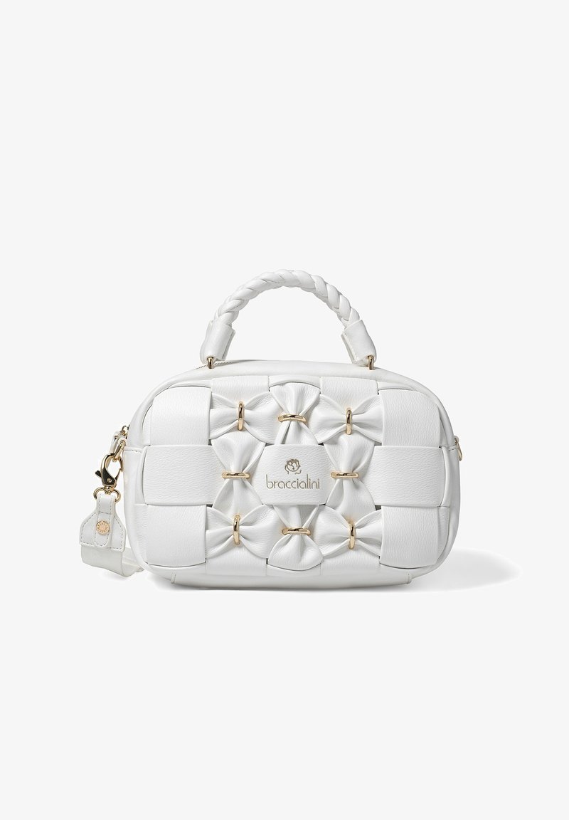 White faux leather handbag with braided handle, woven bow accents, gold hardware, and logo detail on the front. Compact rectangular shape.