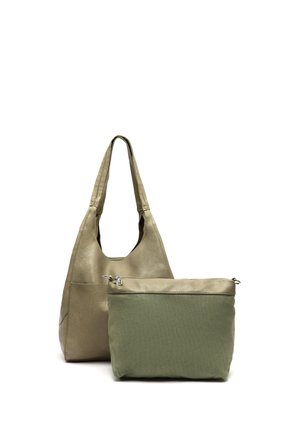 Beige skuldertaske i læder med aftagelig grøn stofpose med lynlås, vist på en hvid baggrund.