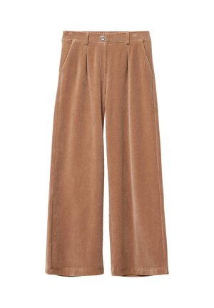 Braune Corduroy-weit geschnittene Hose mit Vorderfalten, Seitentaschen und einem Knopfverschluss am Bund. Das weiche, strukturierte Material erhöht den Komfort.