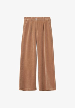 Braune Corduroy-weit geschnittene Hose mit Vorderfalten, Seitentaschen und einem Knopfverschluss am Bund. Das weiche, strukturierte Material erhöht den Komfort.