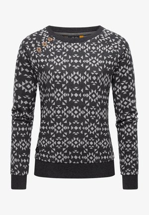 Suéter gris oscuro con patrón geométrico blanco, tres botones decorativos de madera cerca del hombro izquierdo y puños y dobladillo acanalados.