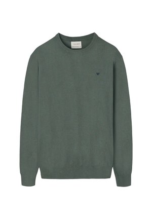 Suéter verde de punto con cuello redondo clásico, mangas largas y un pequeño logo azul marino en el pecho. Textura suave y ajuste cómodo.