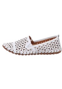 Weiße Slipper mit laser-geschnittenen Blumenmustern, einer braunen Gummisohle und einem flexiblen Design für Komfort.