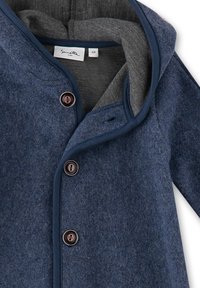 Blue woolen baby coat with gray lining, hood, and three dark buttons down the front, size 68.