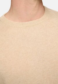 Pull en maille beige à col rond avec une texture douce. Le tissu est léger et doux, présentant un design simple et classique.