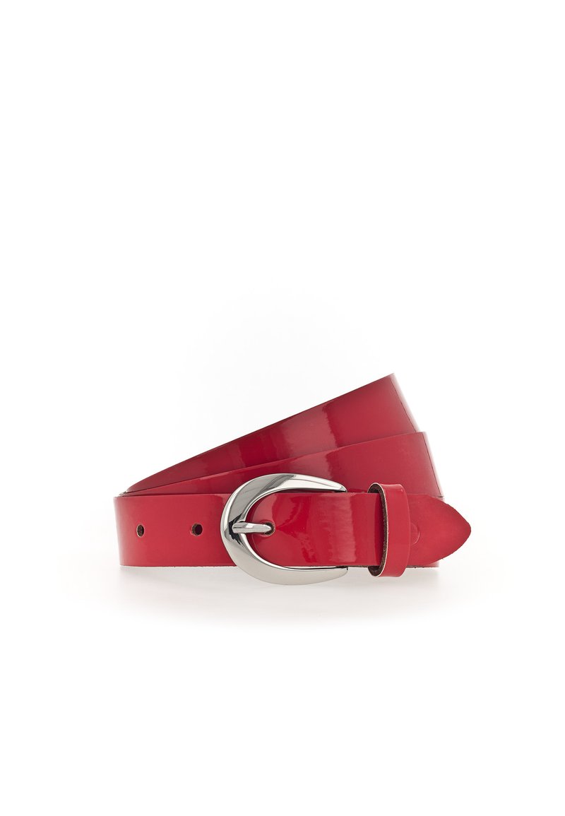 Red glossy leather belt coiled with a shiny silver oval buckle and multiple adjustment holes, photographed on a white background.