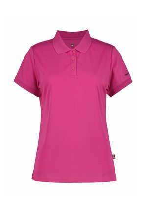 Fuchsiafarbener Poloshirt aus glattem Stoff, mit einem Kragen, einer dreiknöpfigen Leiste und kurzen Ärmeln. Keine sichtbaren Logos oder Muster.