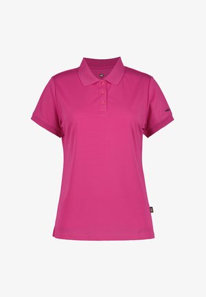 Fuchsiafarbener Poloshirt aus glattem Stoff, mit einem Kragen, einer dreiknöpfigen Leiste und kurzen Ärmeln. Keine sichtbaren Logos oder Muster.