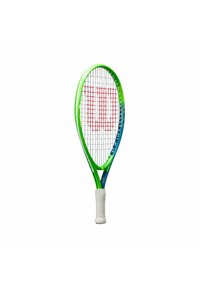 Grüner und blauer Tennisschläger mit einem roten und weißen Besaitungsmuster. Der Griff ist mit weißem Tape umwickelt, hat einen runden Kopf und einen verjüngten Schaft.