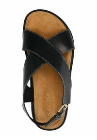 Sandale en cuir noir avec des sangles croisées, semelle en liège et surpiqûres contrastées. Équipée d'une boucle de couleur or pour un ajustement.