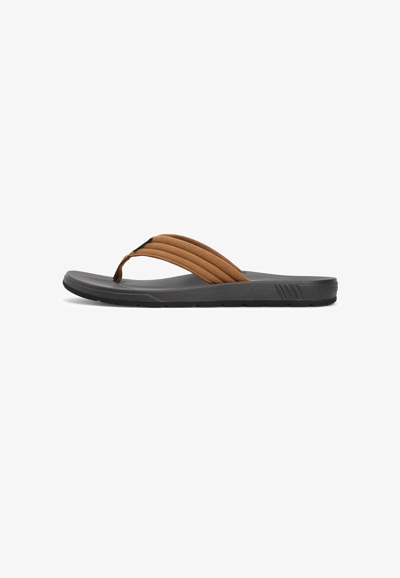 Sort flip-flop sandal med tekstureret sål og brede, polstrede brune stofremme over toppen.