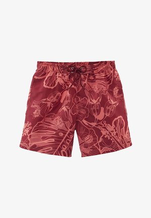Red swim shorts with pink tropical floral print and an elastic waistband featuring a tied drawstring at the front.