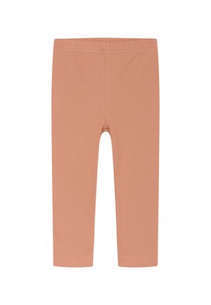 Pfirsichfarbene Leggings aus weichem, dehnbarem Stoff mit einem elastischen Bund. Das Design umfasst eine enganliegende Silhouette ohne Muster oder Akzente.