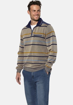 Herrenpullover in Beige mit horizontalen Streifen in Blau, Marineblau und Senfgelb. Mit einem Reißverschlusskragen und einer Brusttasche. Weiche Stricktextur.