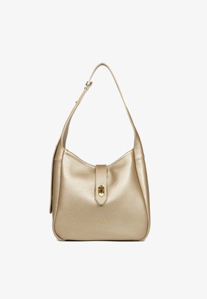 Sac à bandoulière en cuir beige avec anse réglable et fermeture à fermoir doré au centre avant.