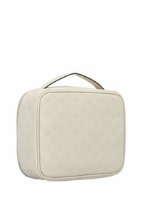Trousse de maquillage blanche texturée avec des motifs floraux et un logo en relief, de forme rectangulaire, fermeture éclair et poignée de transport supérieure.