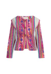 Spalvota raštuota striukė su rožinėmis, mėlynomis ir baltomis geometrinėmis formomis, ilgomis rankovėmis ir mygtukų užsegimu priekyje.