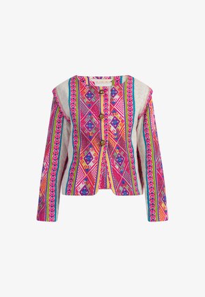 Giacca colorata a fantasia con design geometrici in rosa, blu e bianco, dotata di maniche lunghe e chiusura con bottoni sul davanti.