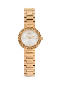 Reloj dorado con una esfera redonda, bisel adornado con cristales y una pulsera de metal pulido. Cuenta con un dial blanco con acentos en oro rosa.