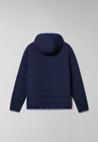 Giacca trapuntata blu navy con cappuccio, cuciture orizzontali e rifiniture con marchio sui bordi del cappuccio e dei polsini, vista dal retro.