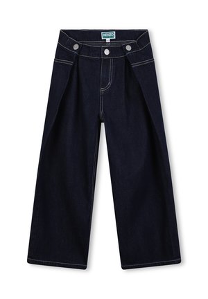 Pantalon large en denim bleu foncé avec une taille haute, deux boutons à l'avant et des coutures blanches contrastantes.