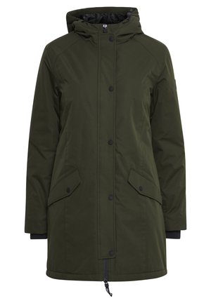 Olijfgroene, lange parka-jack met een capuchon, ritsluiting, drukknoopsluiting, twee zijzakken en ribgebreide manchetten. Gestructureerde, weerbestendige stof.