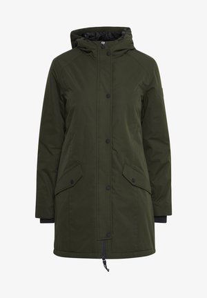 Olivově zelený dlouhý parkovací kabát s kapucí, se zipem, patentech, dvěma postranními kapsami a žebrovanými manžetami. Texturovaná, odolná vůči povětrnostním vlivům.