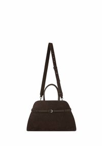 Tummanruskea nahkasaumahandbag ylhäältä kantokahvalla, säädettävällä olkahihnalla ja koristeellisella soljetta vyöllä edessä.