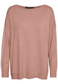 Hellrosa, übergroßer Pullover aus weichem Strickmaterial, mit weitem Ausschnitt und lockeren Ärmeln, sowie Rippstrickdetails an den Ärmeln und dem Saum.