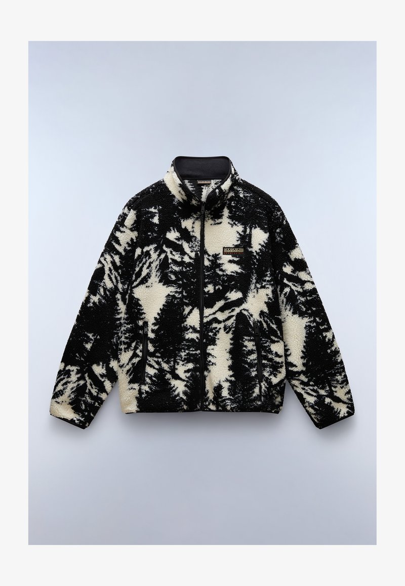 Chaqueta de forro polar con un patrón de bosque en blanco y negro, collar alto, cierre frontal de cremallera y dos bolsillos laterales. Tela texturizada.