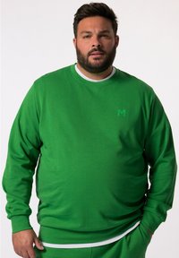 Felpa verde in misto cotone, con maniche lunghe, scollatura a girocollo e un logo discreto sul petto. Tessuto liscio, vestibilità comoda.