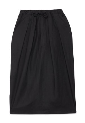 Czarna spódnica do kolan z elastycznym pasem i sznurkiem, z bocznymi kieszeniami i luźnym krojem.