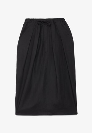 Jupe noire mi-longue jusqu'aux genoux avec taille élastique et cordon de serrage, dotée de poches latérales et d'une coupe décontractée.