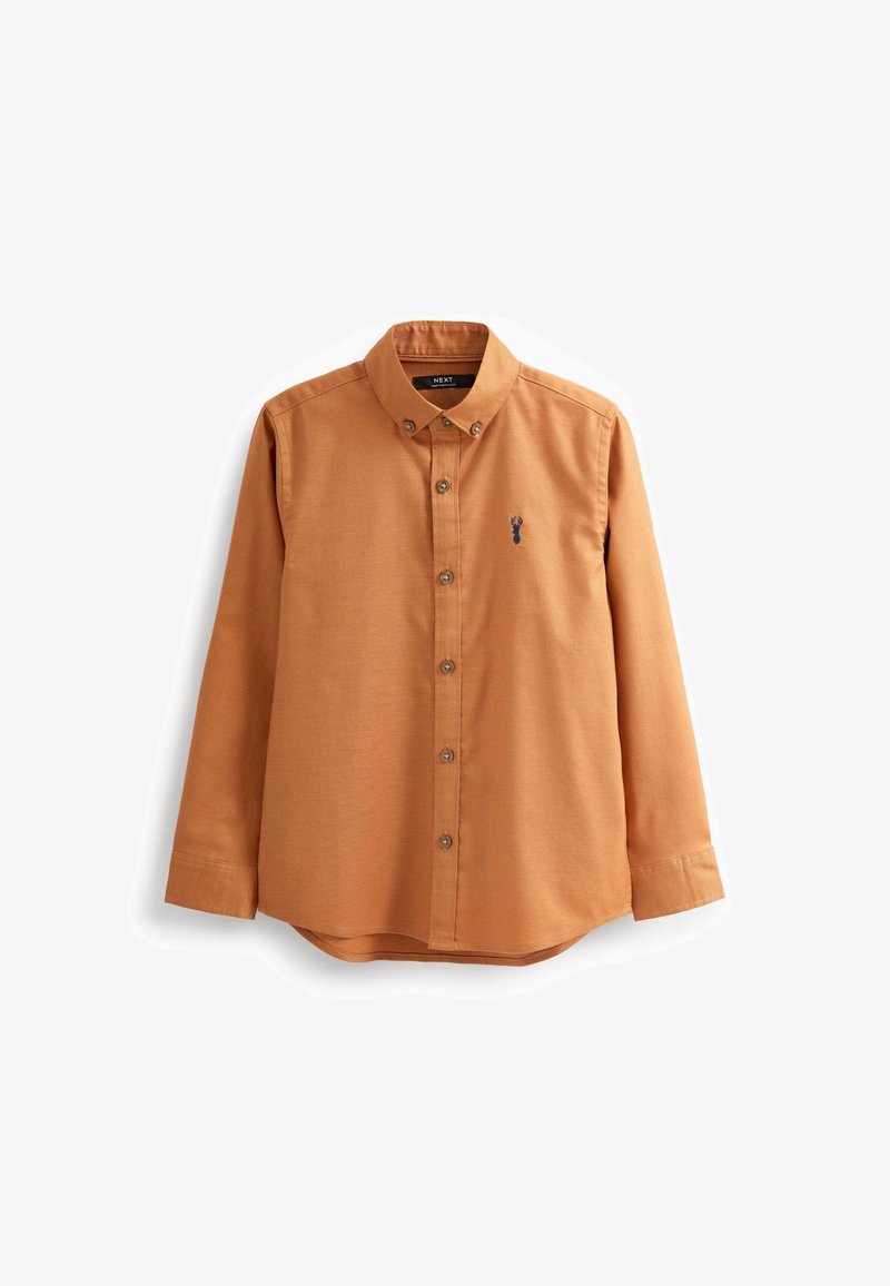 Chemise marron à manches longues avec boutons, col boutonné et petit logo de cerf brodé en foncé sur la poitrine.