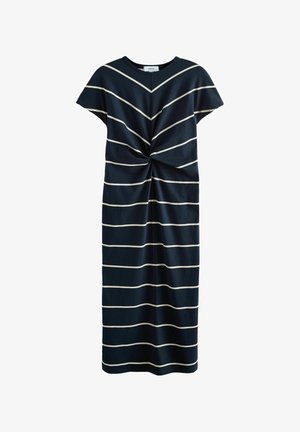 Granatowa sukienka w białe poziome paski, z krótkim rękawem i wiązanym przodem. Wykonana z miękkiego materiału.