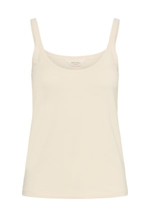 Krémová tílko s tenkými ramínky, kulatým výstřihem a hladkým, přiléhavým střihem. Vyrobeno z jemné, lehké látky.