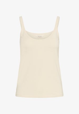 Krémová tílko s tenkými ramínky, kulatým výstřihem a hladkým, přiléhavým střihem. Vyrobeno z jemné, lehké látky.